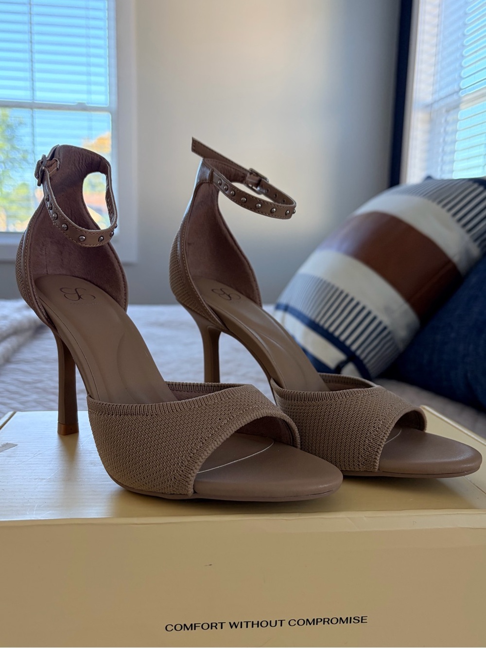 Ankle-Strap High Heel Sandals in Taupe Knit